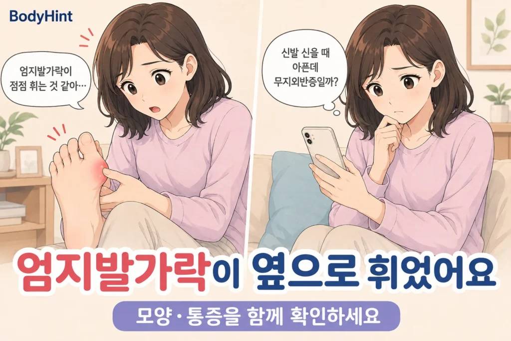 엄지발가락이 점점 휘는 것을 발견하고 신발을 신을 때 아파 무지외반증인지 걱정하는 여성의 2컷 일러스트