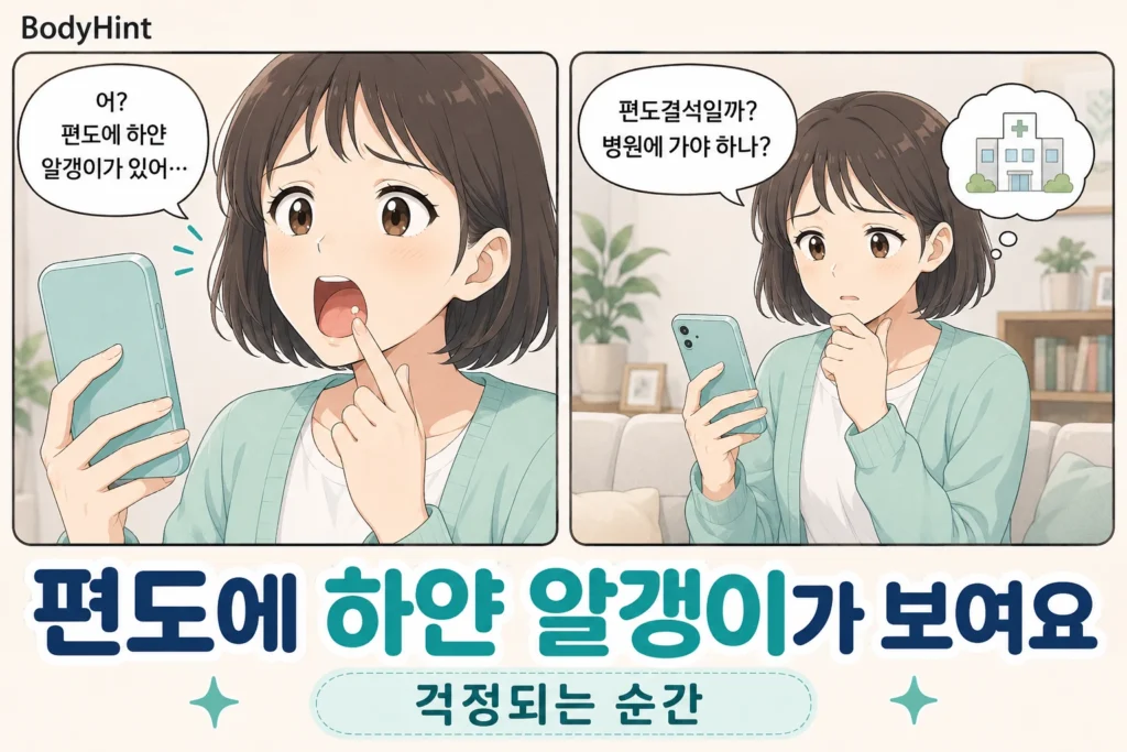 편도에서 하얀 알갱이를 발견하고 편도결석인지 병원에 가야 하는지 걱정하는 여성의 2컷 일러스트