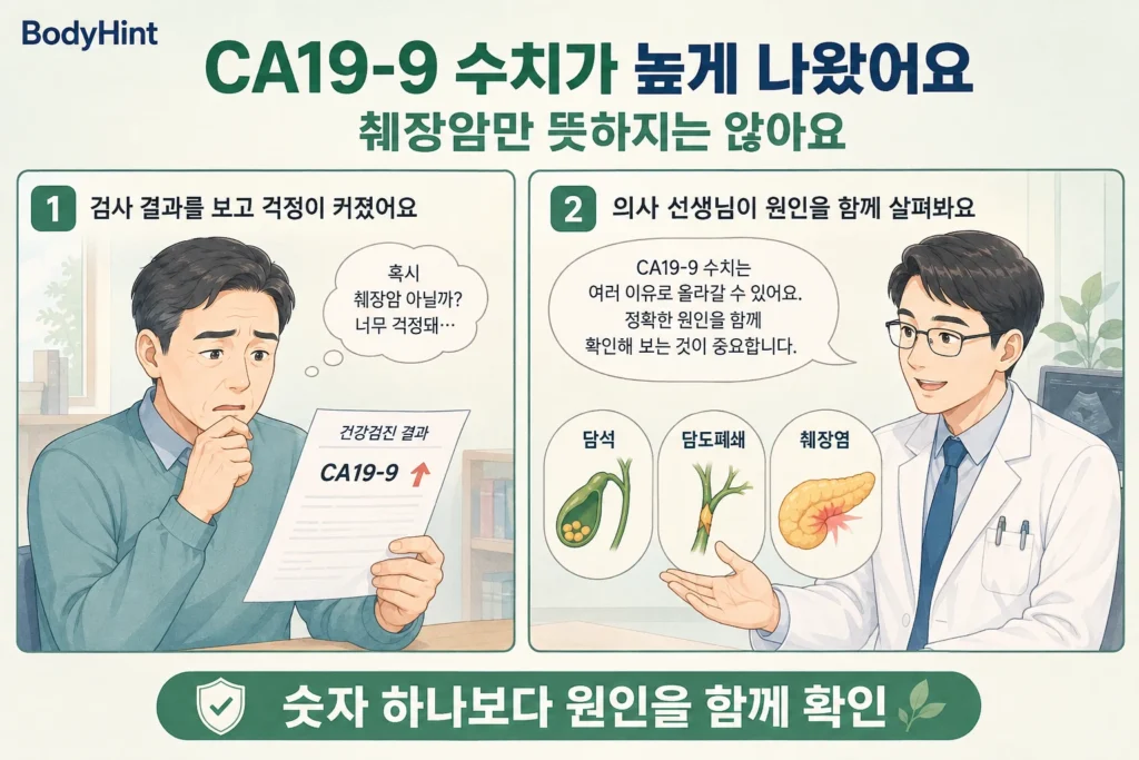 CA19-9 수치가 높게 나와 췌장암을 걱정하는 남성과 담석·담도폐쇄·췌장염 등 다른 원인도 함께 확인하는 모습