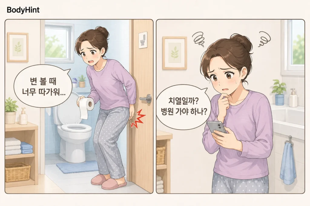 변을 본 뒤 항문 통증을 느끼고 치열인지 병원에 가야 하는지 걱정하는 여성의 2컷 일러스트