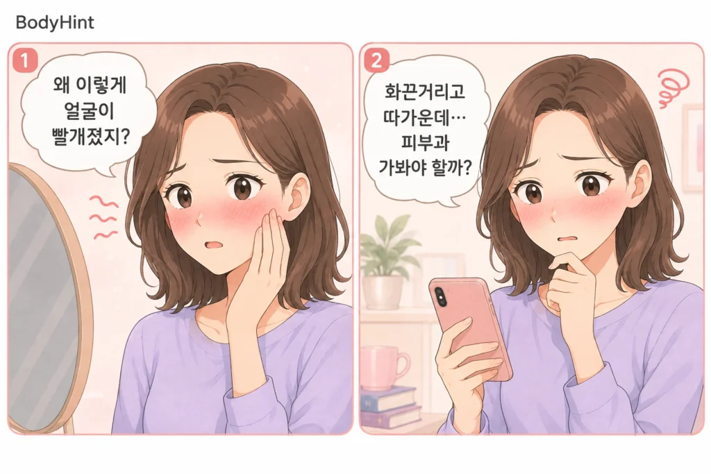 거울을 보다가 얼굴이 붉어진 것을 발견하고 화끈거림과 따가움 때문에 피부과 진료를 고민하는 여성의 2컷 일러스트