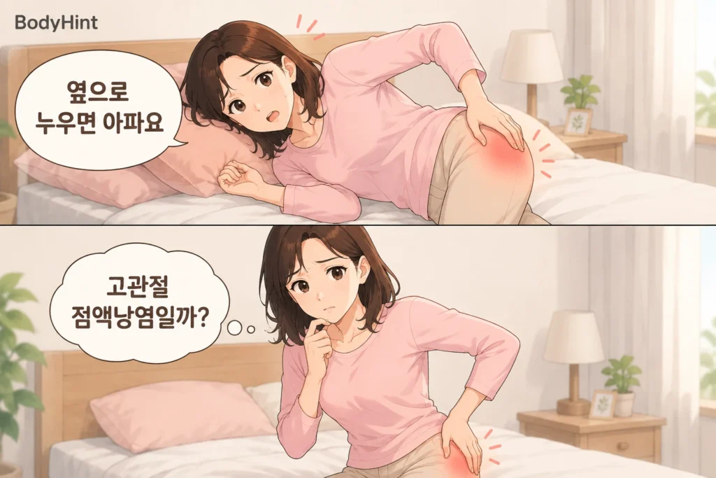 옆으로 누웠을 때 엉덩이 옆이 아프고 고관절 점액낭염인지 고민하는 여성의 2컷 일러스트