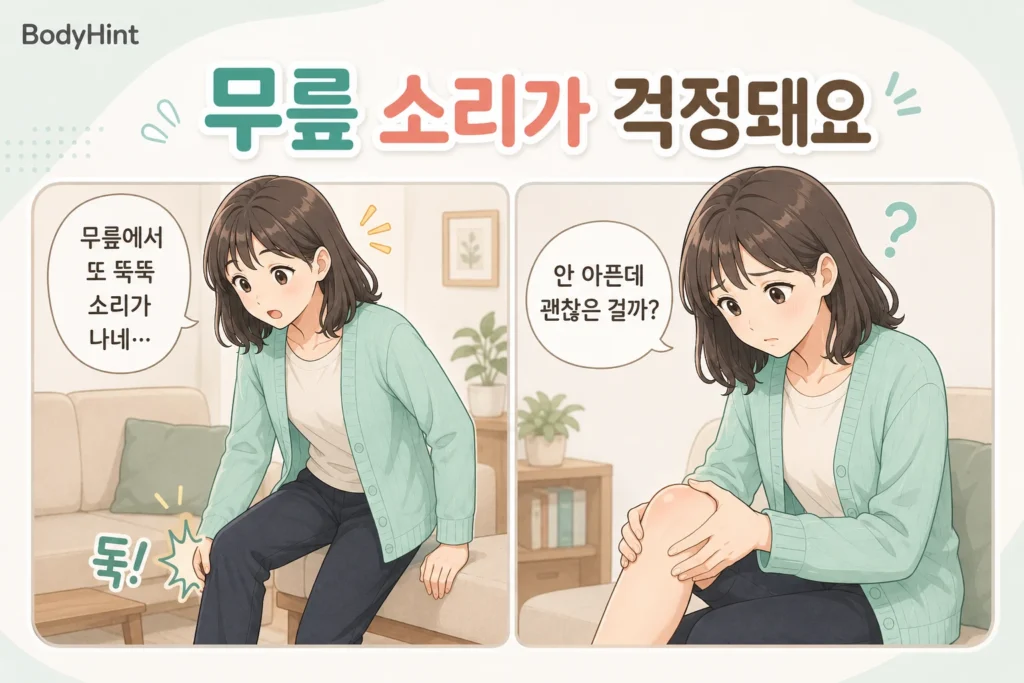 앉았다 일어날 때 무릎에서 뚝뚝 소리를 느끼고 통증은 없지만 괜찮은지 고민하는 여성의 2컷 일러스트