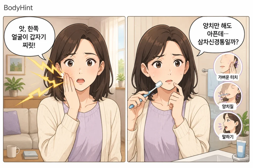 한쪽 얼굴이 갑자기 전기처럼 찌릿하게 아프고 양치할 때도 통증이 반복돼 삼차신경통인지 고민하는 여성의 2컷 일러스트