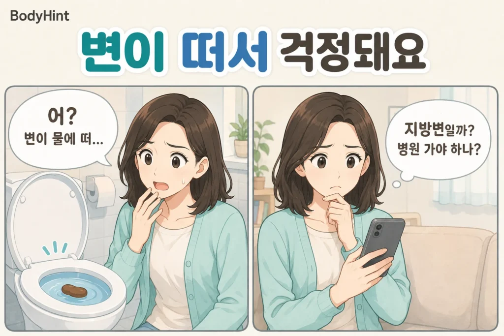 변이 물에 뜬 것을 발견하고 지방변인지 병원에 가야 하는지 걱정하는 여성의 2컷 만화
