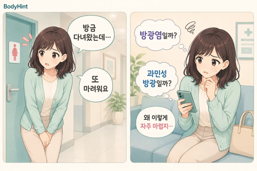 방금 화장실에 다녀왔는데 다시 소변이 마려워 방광염이나 과민성방광인지 걱정하는 여성의 2컷 만화