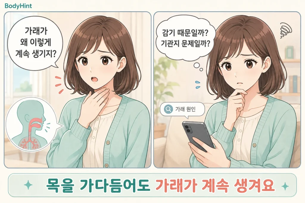 목을 가다듬어도 가래가 계속 생겨 감기 때문인지 기관지 문제인지 걱정하는 여성의 2컷 만화