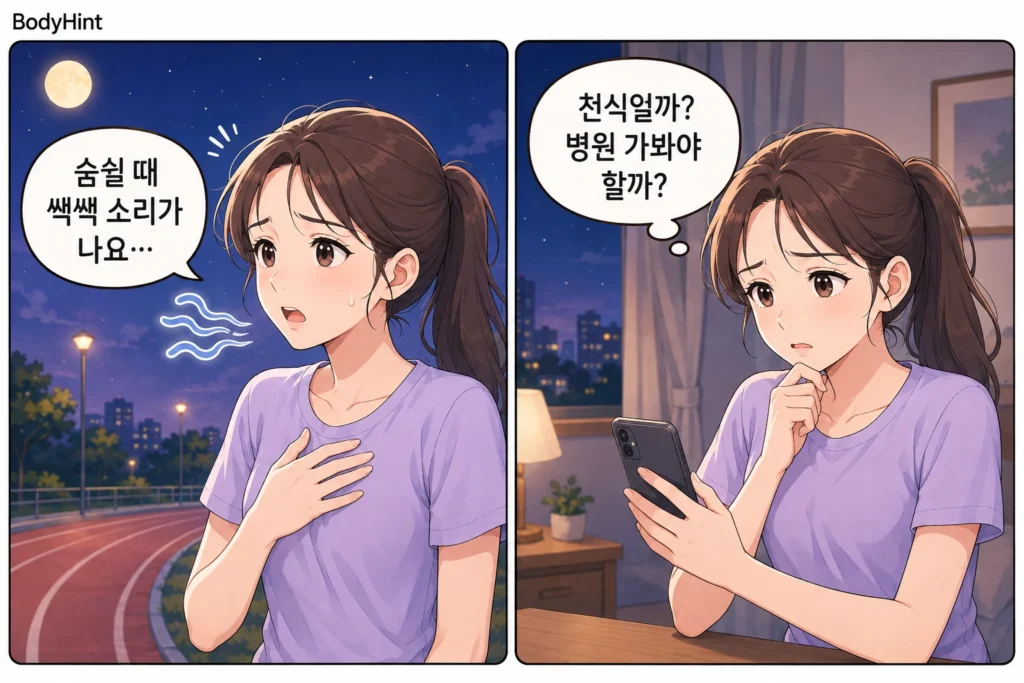 숨쉴 때 쌕쌕 소리가 나 천식인지 병원에 가야 하는지 걱정하는 여성의 2컷 만화