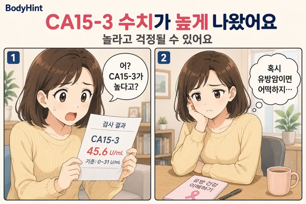 CA15-3 수치가 높게 나온 검사 결과를 보고 놀란 뒤 혹시 유방암일까 걱정하는 여성의 공감형 2컷 만화