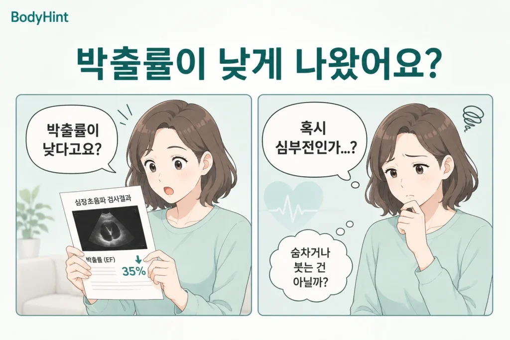 심장초음파에서 박출률이 낮게 나왔다는 결과를 보고 놀란 뒤 혹시 심부전일까 걱정하는 여성의 공감형 2컷 만화