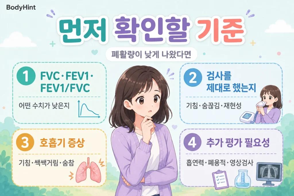 폐활량이 낮을 때 FVC·FEV1·FEV1/FVC 수치, 검사 수행 상태, 호흡기 증상, 흡연력과 폐용적·영상검사 필요성을 확인하는 기준