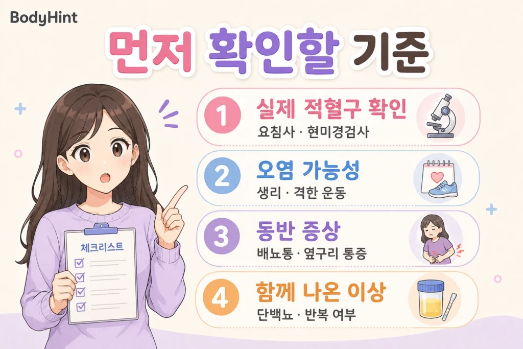 소변 잠혈 양성일 때 실제 적혈구 확인, 생리·격한 운동에 의한 오염 가능성, 배뇨통·옆구리 통증, 단백뇨와 반복 여부를 확인하는 기준