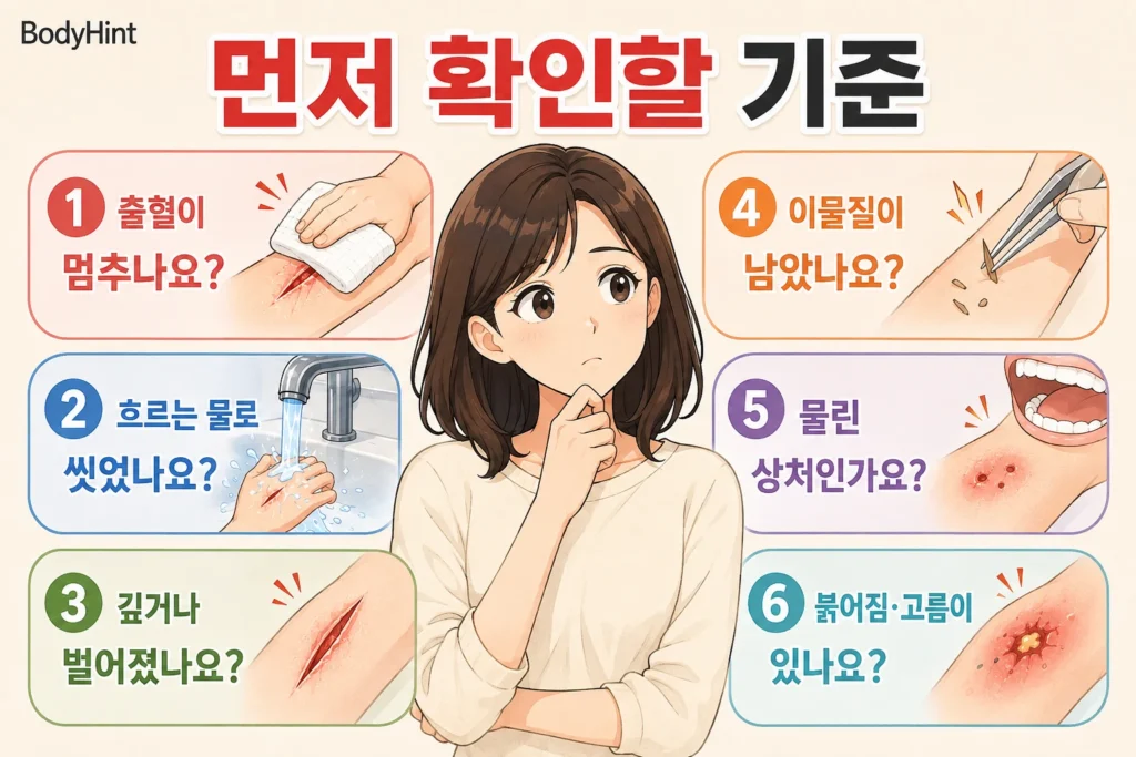 상처가 났을 때 출혈 여부, 흐르는 물 세척, 상처 깊이와 벌어짐, 남은 이물질, 물린 상처, 붉어짐과 고름을 확인하는 기준