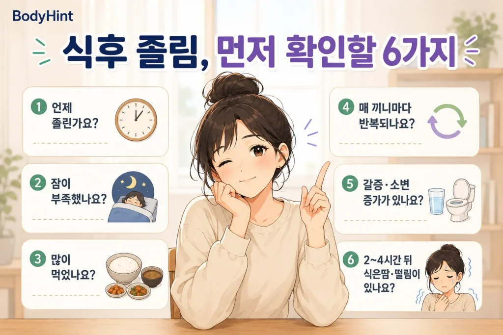 식후 졸림이 있을 때 졸리는 시간, 수면 부족, 과식, 반복 여부, 갈증과 소변 증가, 식후 2~4시간 뒤 식은땀과 떨림을 확인하는 6가지 기준