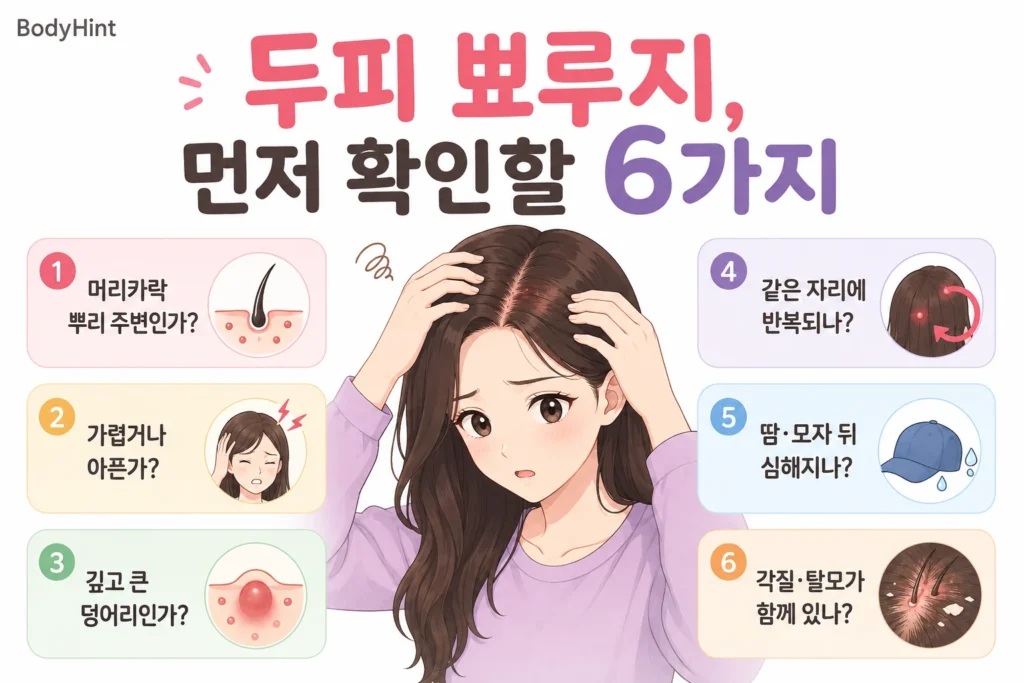 두피 뾰루지가 있을 때 머리카락 뿌리 주변인지, 가려움과 통증, 깊은 덩어리, 반복 여부, 땀과 모자 영향, 각질과 탈모를 확인하는 6가지 기준