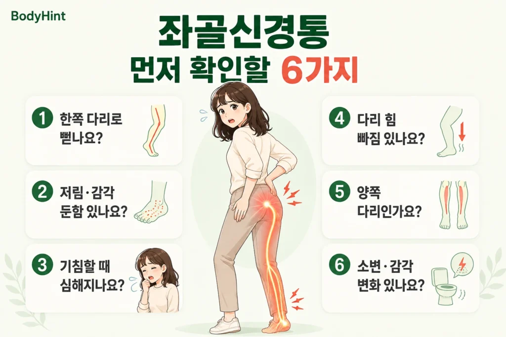 좌골신경통이 의심될 때 한쪽 다리로 뻗는 통증, 저림과 감각 둔함, 기침할 때 악화, 다리 힘 빠짐, 양쪽 다리 증상, 소변과 감각 변화를 확인하는 6가지 기준