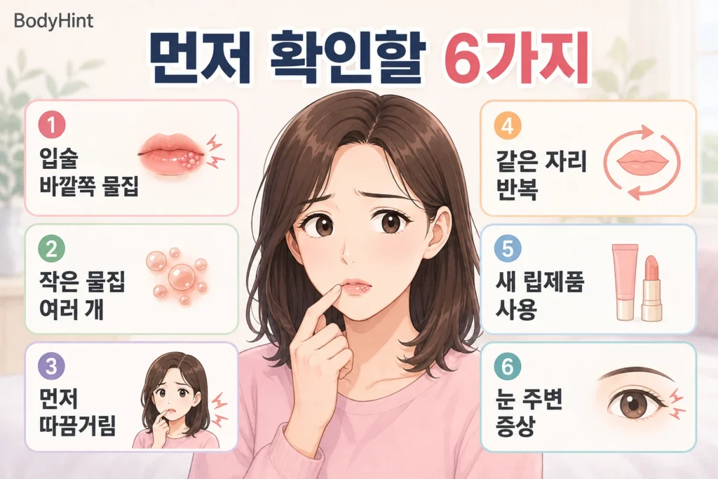 입술 물집이 있을 때 입술 바깥쪽 위치, 작은 물집 여러 개, 먼저 나타난 따끔거림, 같은 자리 반복, 새 립제품 사용, 눈 주변 증상을 확인하는 6가지 기준
