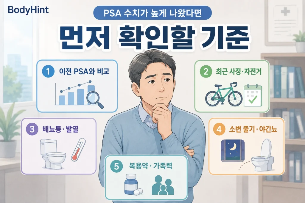 PSA 수치가 높을 때 이전 PSA, 최근 사정·자전거, 배뇨통·발열, 소변 줄기·야간뇨, 복용약·가족력을 확인하는 기준