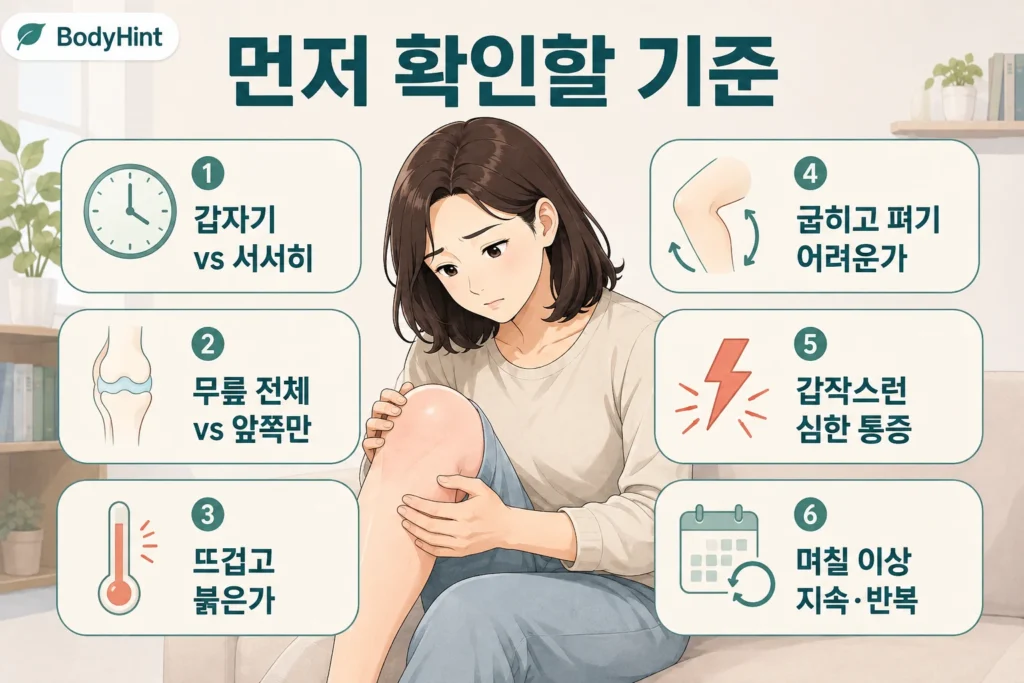 무릎 붓기가 갑자기 생겼는지, 무릎 전체인지 앞쪽인지, 열감과 붉음이 있는지, 굽히고 펴기 어려운지, 통증이 심한지, 며칠 이상 반복되는지 확인하는 기준