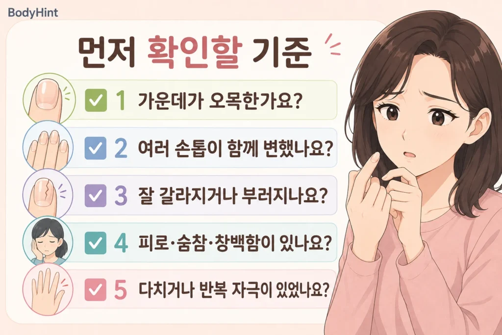 손톱 가운데가 들어간 모습을 발견하고 철분 부족인지 병원 검사가 필요한지 걱정하는 여성의 2컷 일러스트