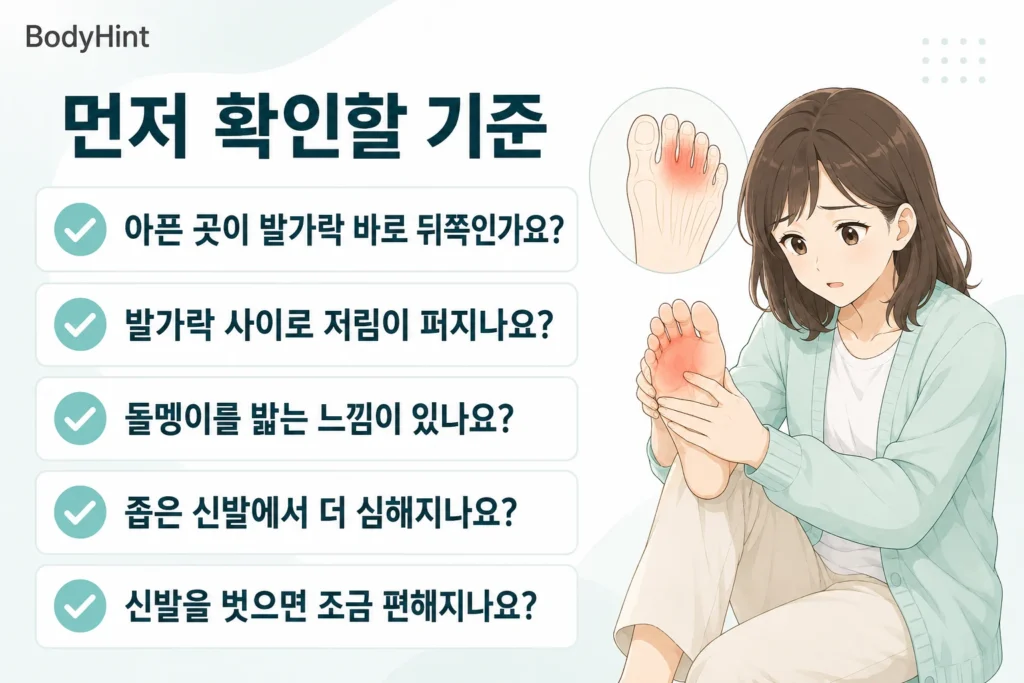 앞발바닥 통증 위치와 발가락 저림, 돌멩이를 밟는 느낌, 좁은 신발에서 악화되는지, 오래 걸을 때 심해지는지, 양쪽 발 전체가 저린지 확인하는 기준