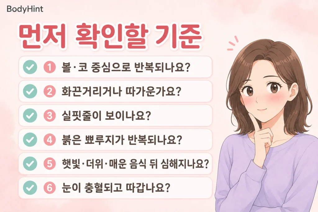볼과 코 중심의 반복되는 붉은기, 화끈거림과 따가움, 실핏줄, 붉은 뾰루지, 햇빛과 더위 뒤 악화, 눈 충혈과 따가움을 확인하는 기준