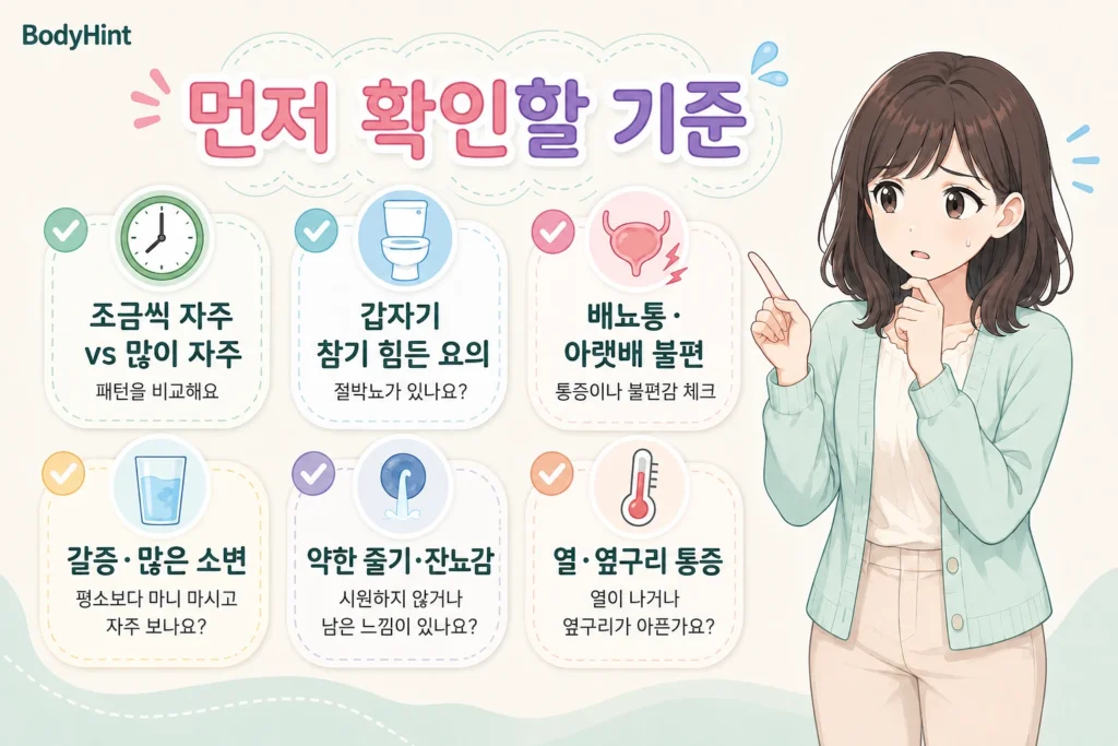 소변이 자주 마려울 때 소변량, 갑작스러운 요의, 배뇨통, 갈증, 잔뇨감, 열과 옆구리 통증을 확인하는 기준