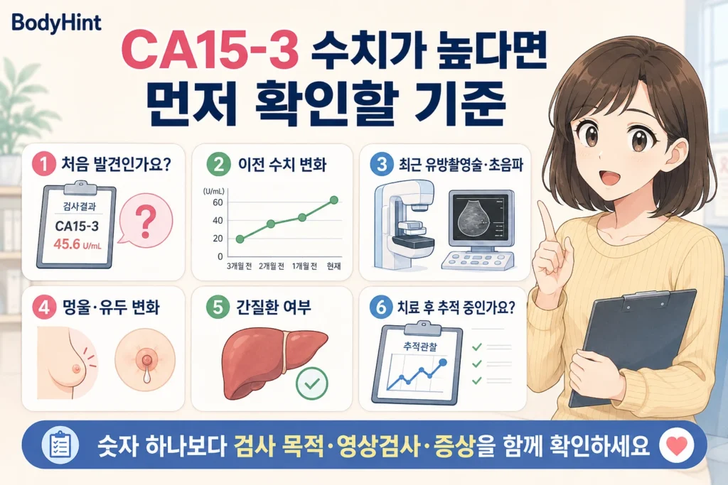 CA15-3 수치가 높을 때 처음 발견 여부와 이전 수치 변화, 최근 유방촬영술·초음파, 멍울·유두 변화, 간질환, 치료 후 추적 여부를 확인하는 기준