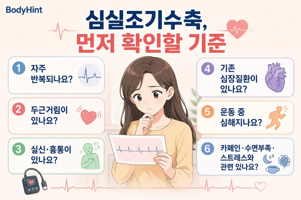 심실조기수축이 있을 때 반복 빈도, 두근거림, 실신·흉통, 기존 심장질환, 운동 중 변화, 카페인·수면 부족·스트레스 관련성을 확인하는 기준