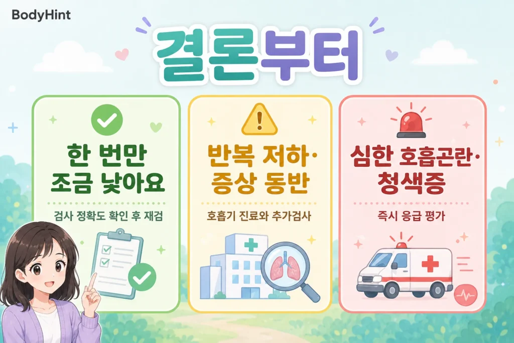 폐활량이 한 번만 조금 낮은 경우와 반복 저하·호흡기 증상이 있는 경우, 심한 호흡곤란·청색증이 있는 경우를 구분한 안내