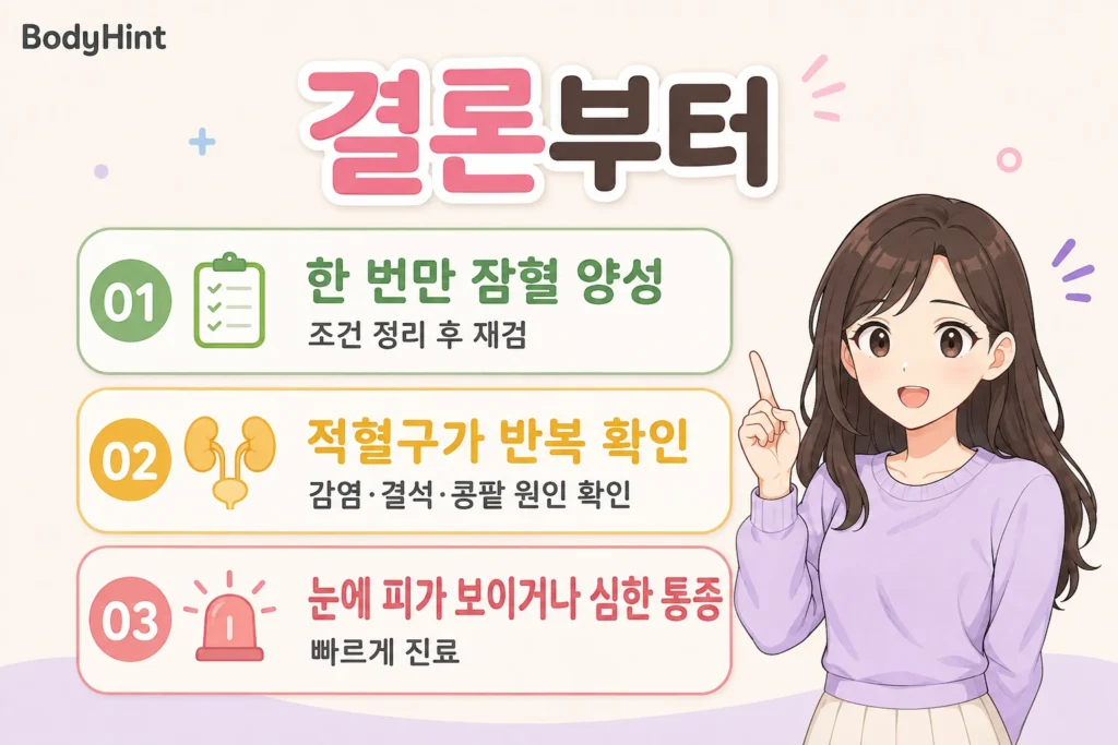 소변 잠혈이 한 번만 양성인 경우와 적혈구가 반복 확인되는 경우, 눈에 피가 보이거나 심한 통증이 있는 경우의 대응 기준