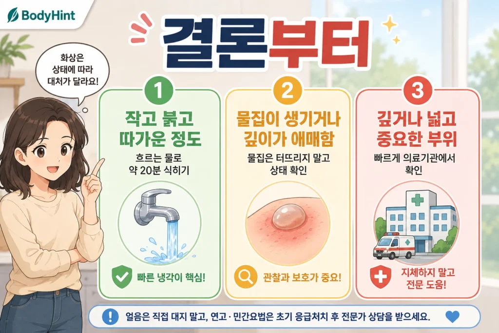 작고 붉은 화상은 흐르는 물로 식히고 물집이 생기면 상태를 확인하며 깊거나 넓고 중요한 부위의 화상은 빠르게 진료받는 판단 기준