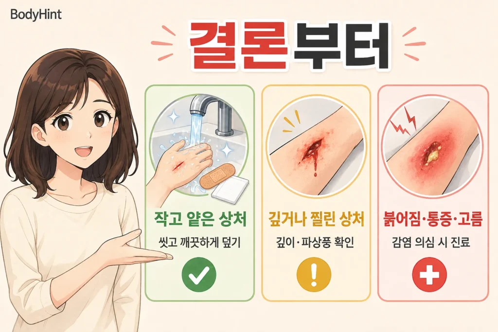 작고 얕은 상처는 씻고 보호하고 깊거나 찔린 상처는 추가 평가하며 붉어짐 통증 고름이 있으면 감염 여부를 확인하는 판단 기준
