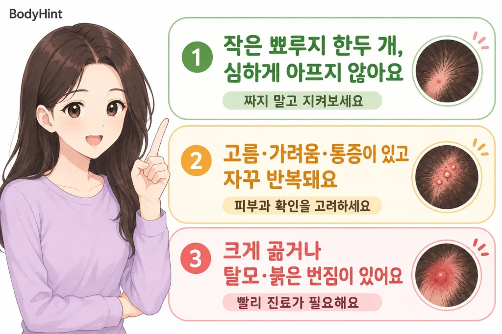 두피에 작은 뾰루지 한두 개가 있는 경우, 고름과 통증이 반복되는 경우, 크게 곪거나 탈모와 붉은 번짐이 있는 경우의 판단 기준