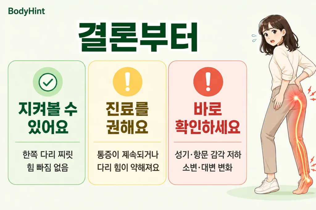 한쪽 다리 찌릿함은 지켜볼 수 있고 통증 지속이나 다리 힘 저하는 진료가 필요하며 성기·항문 감각 저하와 소변·대변 변화는 즉시 확인해야 한다는 기준