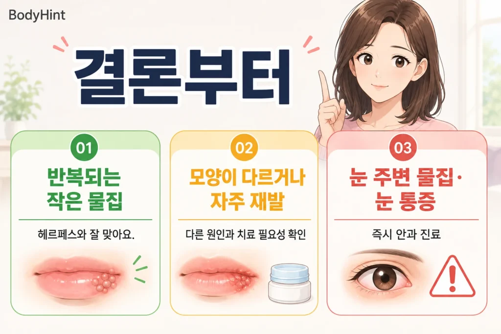 반복되는 작은 입술 물집은 헤르페스 가능성을 보고 모양이 다르거나 자주 재발하면 진료를 고려하며 눈 주변 물집과 눈 통증은 빠른 안과 진료가 필요하다는 기준