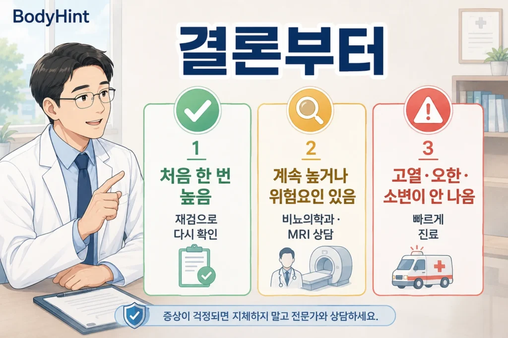PSA가 처음 한 번 높을 때 재검하고 계속 높거나 위험요인이 있으면 MRI를 상담하며 고열·오한·요폐가 있으면 빠르게 진료받는 기준