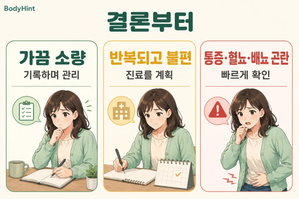 소변이 가끔 소량 새는 경우와 반복되어 불편한 경우, 통증·혈뇨·배뇨 곤란이 있어 빠르게 확인해야 하는 경우를 구분한 이미지