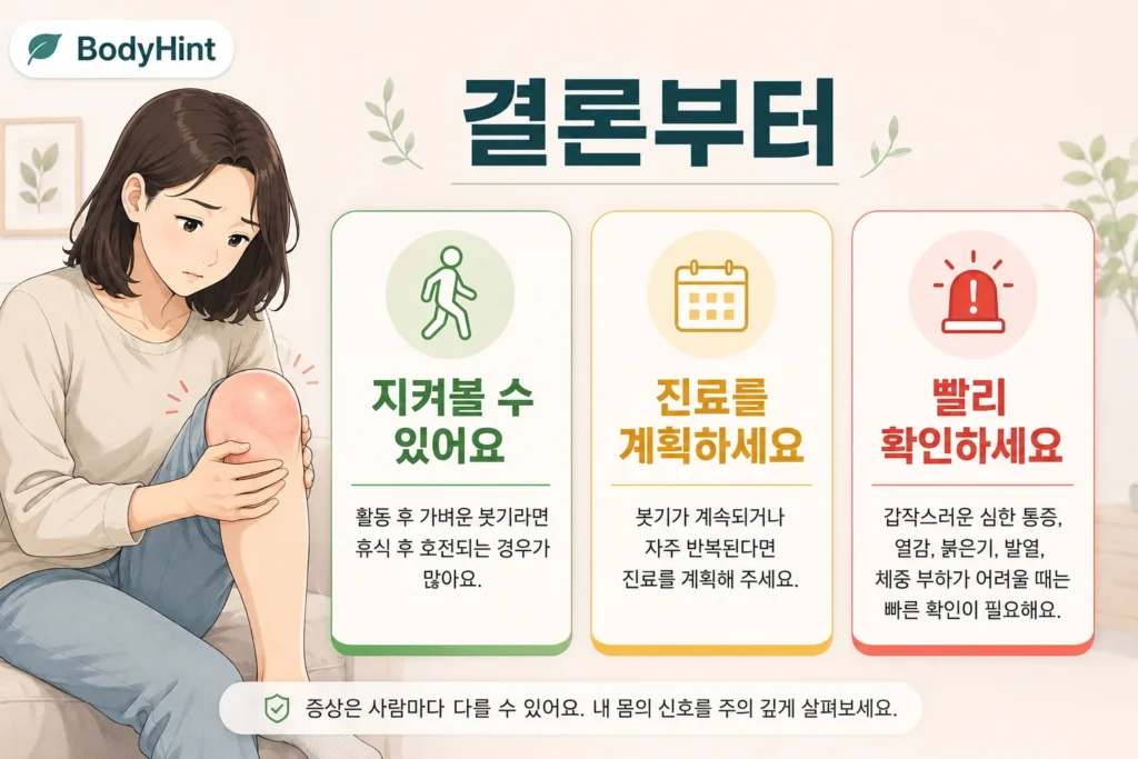 가벼운 무릎 붓기는 관찰하고 반복되는 붓기는 진료를 계획하며 심한 통증과 열감·붉음·발열이 있으면 빠르게 확인하도록 구분한 이미지