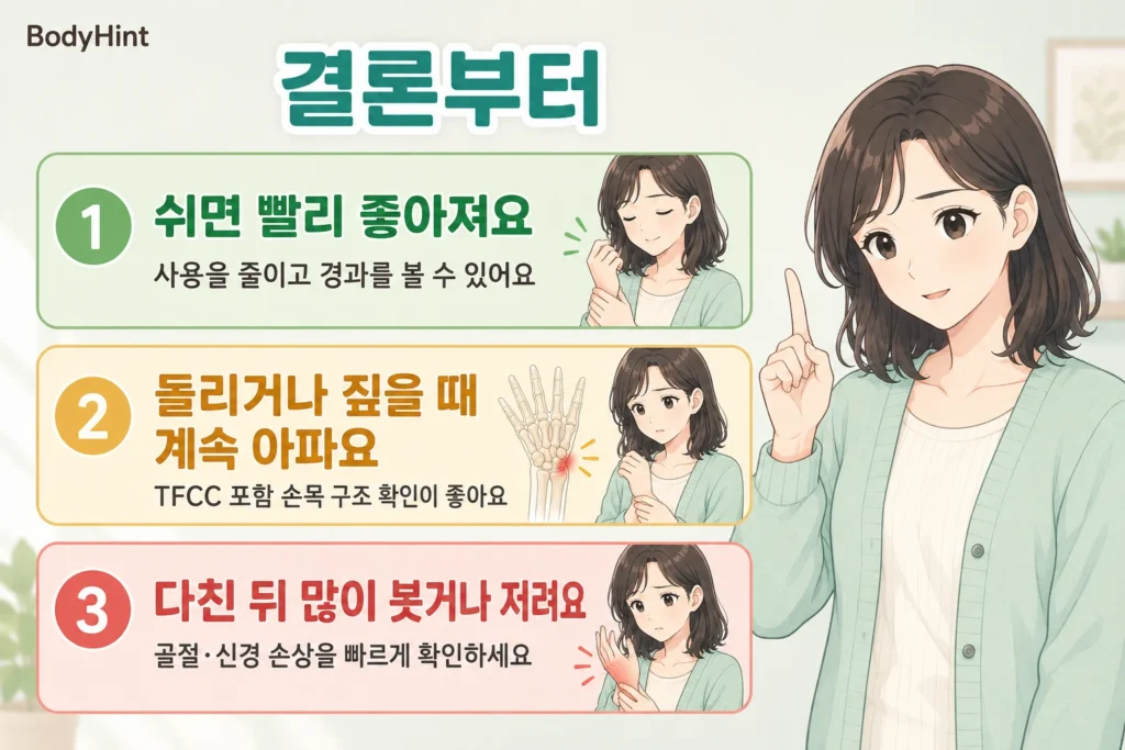 손목 사용을 줄이면 좋아지는 경우와 돌리거나 짚을 때 계속 아픈 경우, 외상 뒤 붓기와 저림이 있어 빠른 확인이 필요한 경우를 구분한 이미지