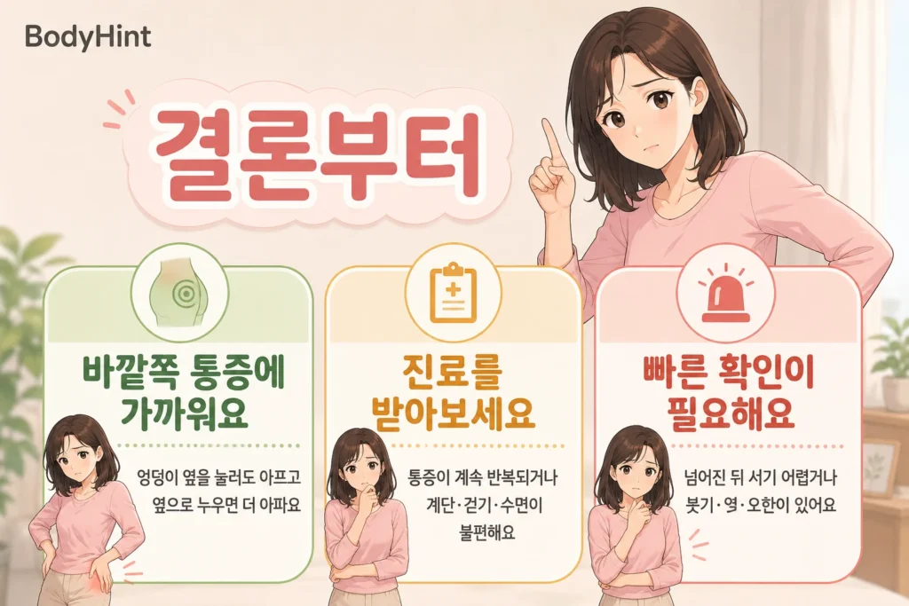 엉덩이 옆이 눌러도 아파 고관절 바깥쪽 통증에 가까운 경우와 반복돼 진료가 필요한 경우, 넘어지고 체중을 싣기 어려워 빠른 확인이 필요한 경우를 구분한 이미지