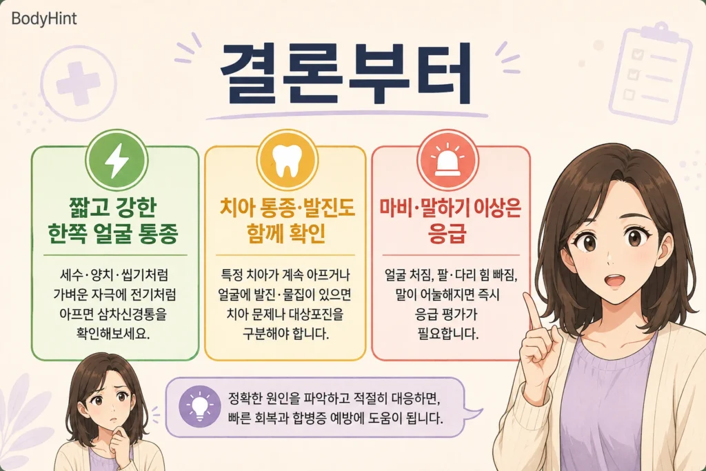 짧고 강한 한쪽 얼굴 통증은 삼차신경통을 확인하고 치아 통증이나 얼굴 발진은 다른 원인을 구분하며 얼굴 마비와 말하기 이상은 응급 평가가 필요한 경우를 정리한 이미지