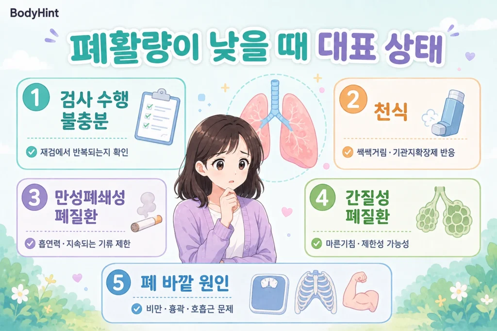 폐활량이 낮을 때 함께 확인하는 검사 수행 불충분, 천식, 만성폐쇄성폐질환, 간질성 폐질환, 비만·흉곽·호흡근 등 폐 바깥 원인