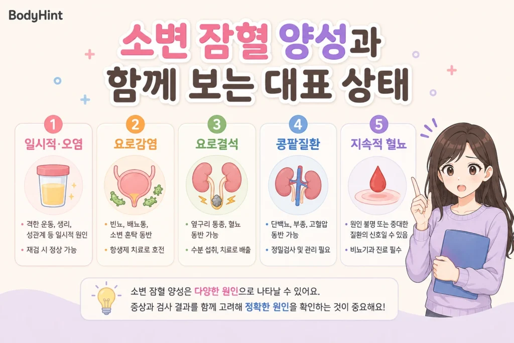 소변 잠혈 양성일 때 함께 구분하는 일시적 오염, 요로감염, 요로결석, 콩팥질환, 지속적 혈뇨 상태