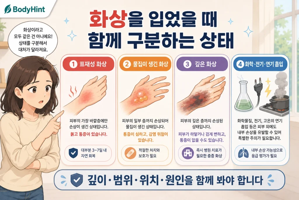 화상을 표재성 화상, 물집이 생긴 화상, 깊은 화상, 화학·전기·연기 흡입이 관련된 화상으로 구분한 이미지