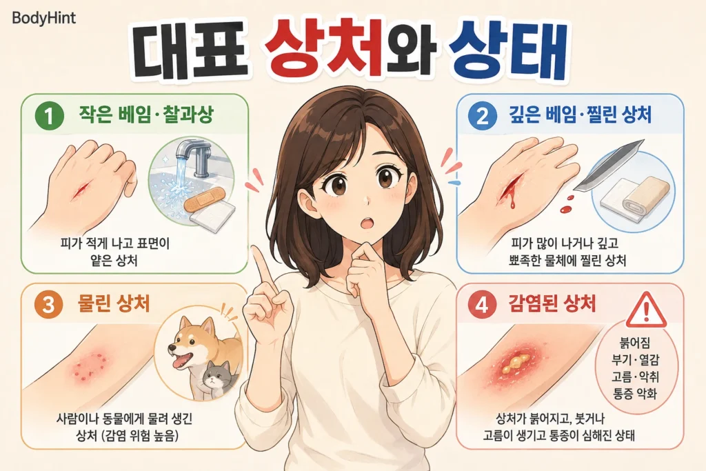 작은 베임과 찰과상, 깊은 베임과 찔린 상처, 사람이나 동물에게 물린 상처, 감염된 상처를 구분한 이미지