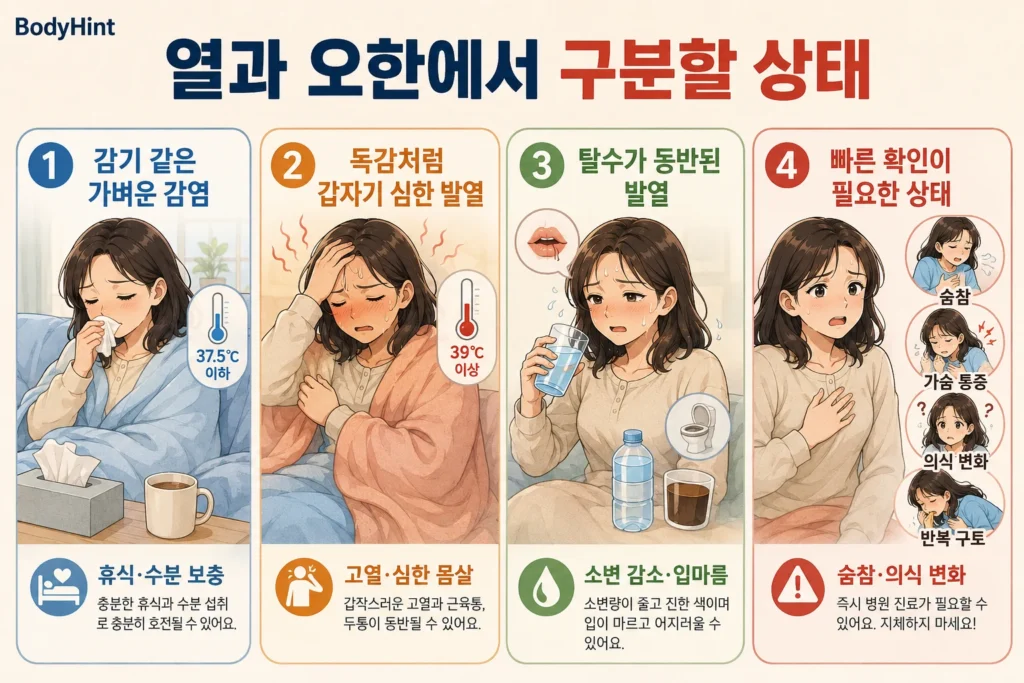 열과 오한에서 감기 같은 가벼운 감염, 독감처럼 갑자기 심한 발열, 탈수가 동반된 발열, 빠른 확인이 필요한 상태를 구분한 이미지