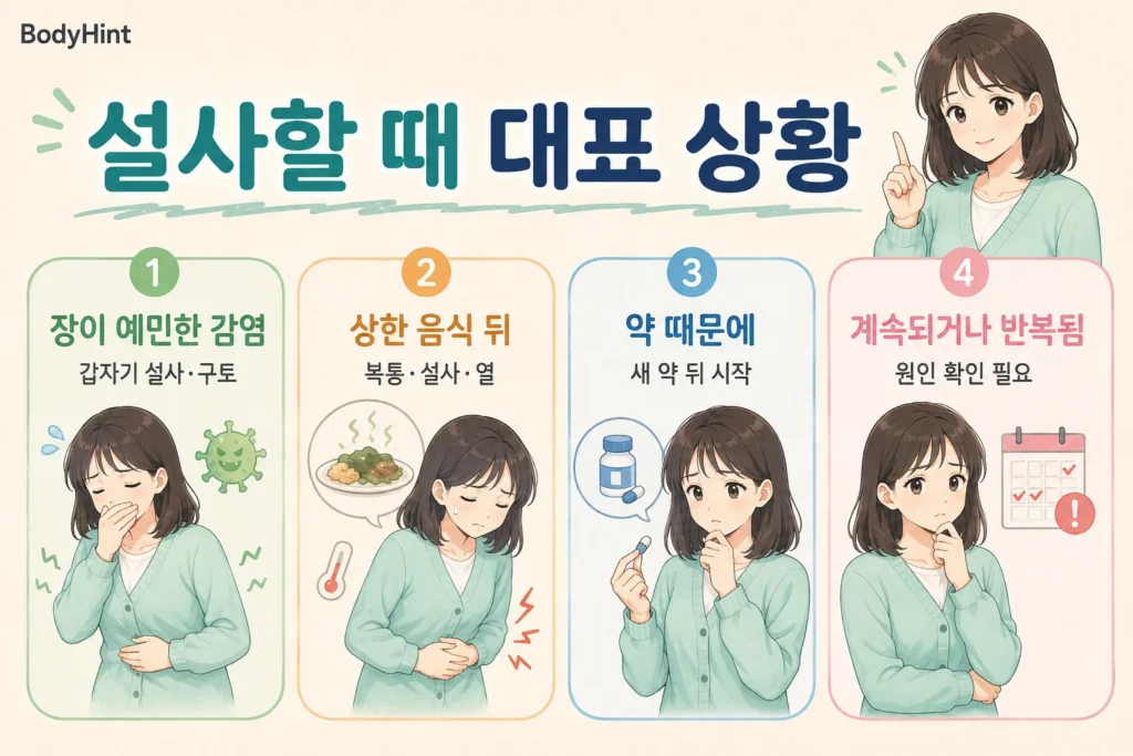 설사가 생겼을 때 장이 예민한 감염, 상한 음식 뒤 증상, 약으로 인한 설사, 계속되거나 반복되는 설사를 구분한 이미지