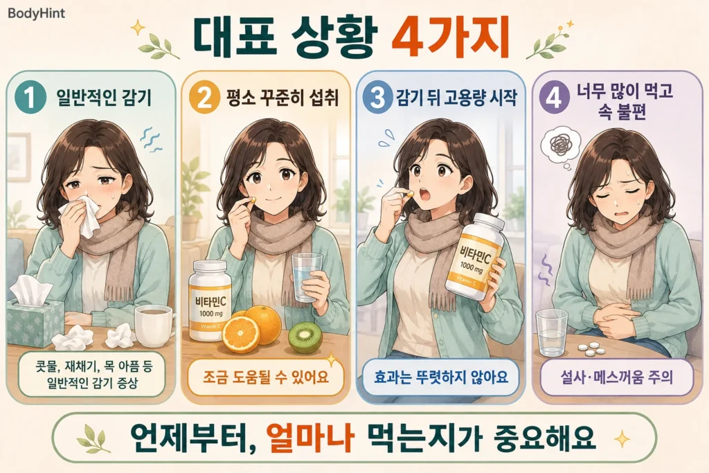 일반적인 감기, 평소 비타민C를 꾸준히 섭취한 경우, 감기 뒤 고용량을 시작한 경우, 너무 많이 먹어 속이 불편한 경우를 비교한 이미지
