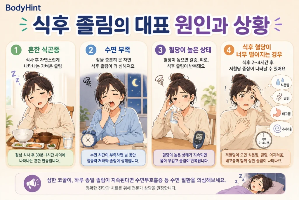 식후 졸림의 대표 원인으로 흔한 식곤증, 수면 부족, 혈당이 높은 상태, 식후 몇 시간 뒤 혈당이 너무 떨어지는 경우를 비교한 이미지